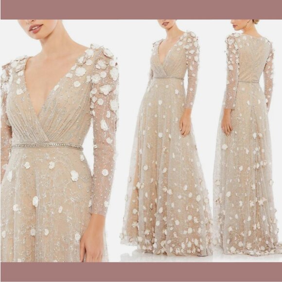 NWT $798 Mac Duggal Evening [ 16 ] Floral Appliqué V‎ Neck Long Gown Nude #Q686